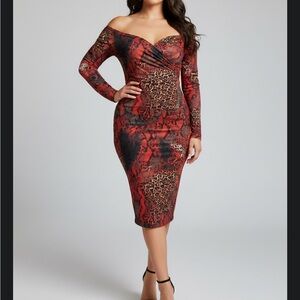 SHEIN Red and Black Animal Print Off-Shoulder Dress